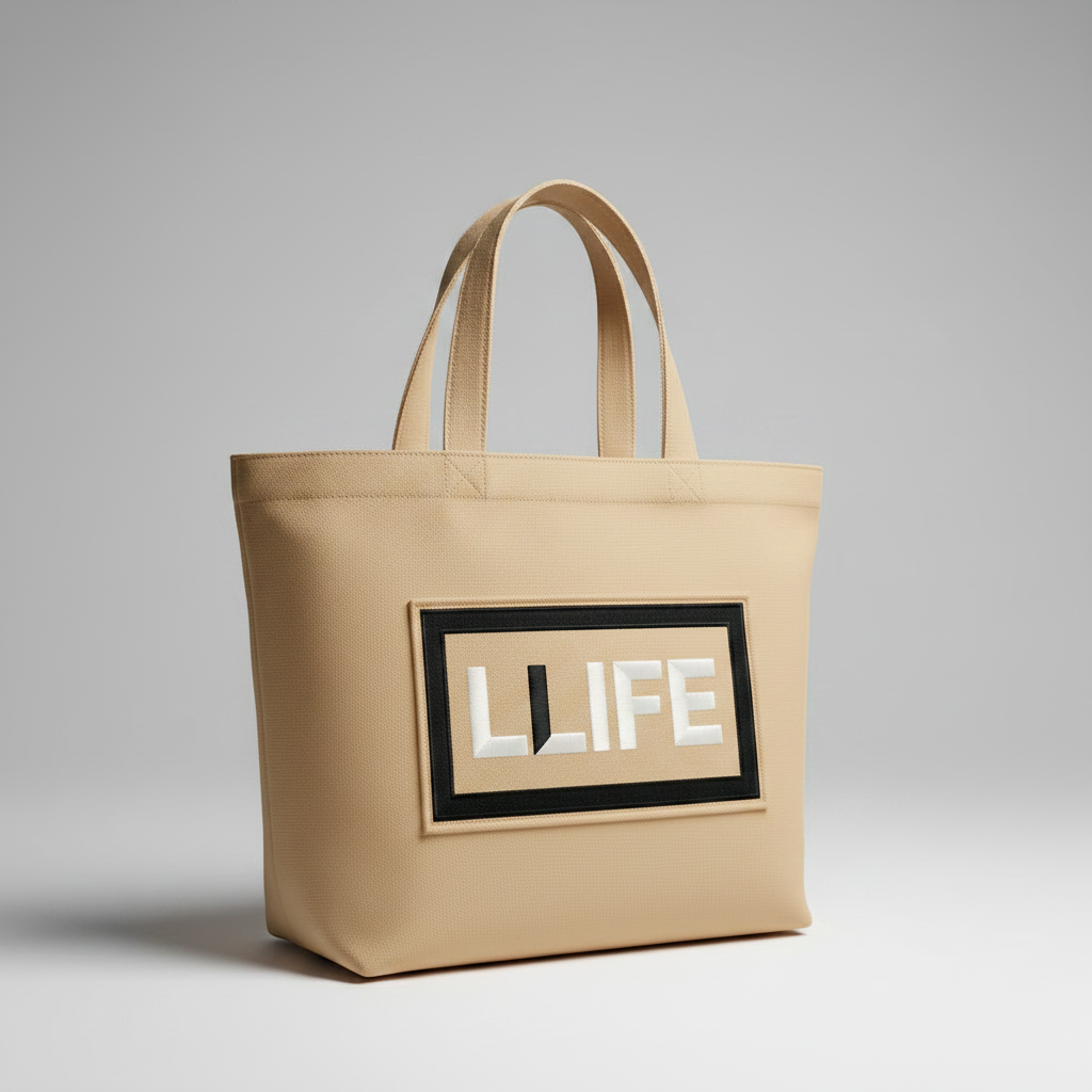 LLIFE beige canvas tote bag with black box logo